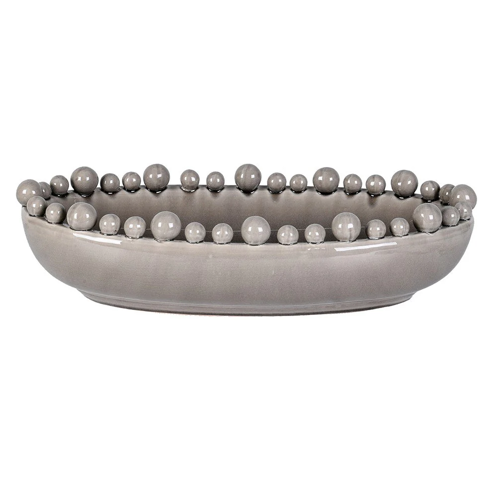 Elegant Grey Oval Stoneware Bowl with Decorative Rim Spheres - Image 2