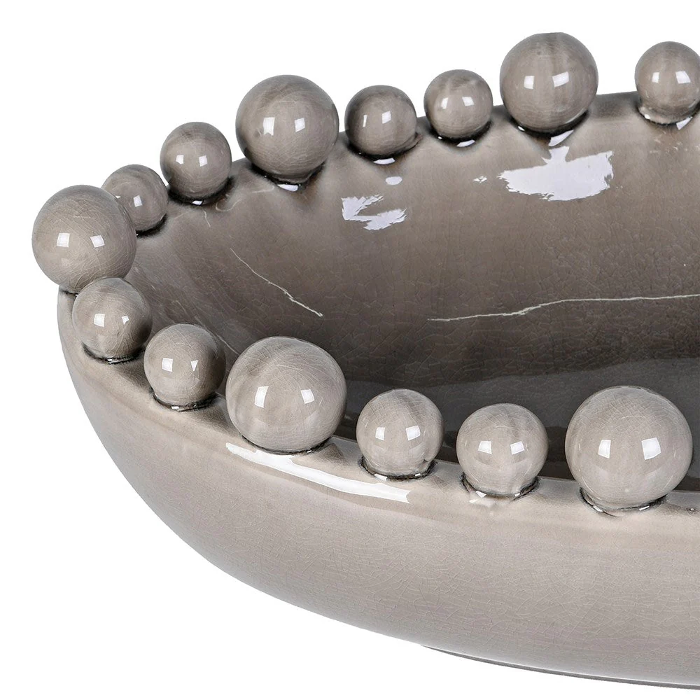 Elegant Grey Oval Stoneware Bowl with Decorative Rim Spheres - Image 3