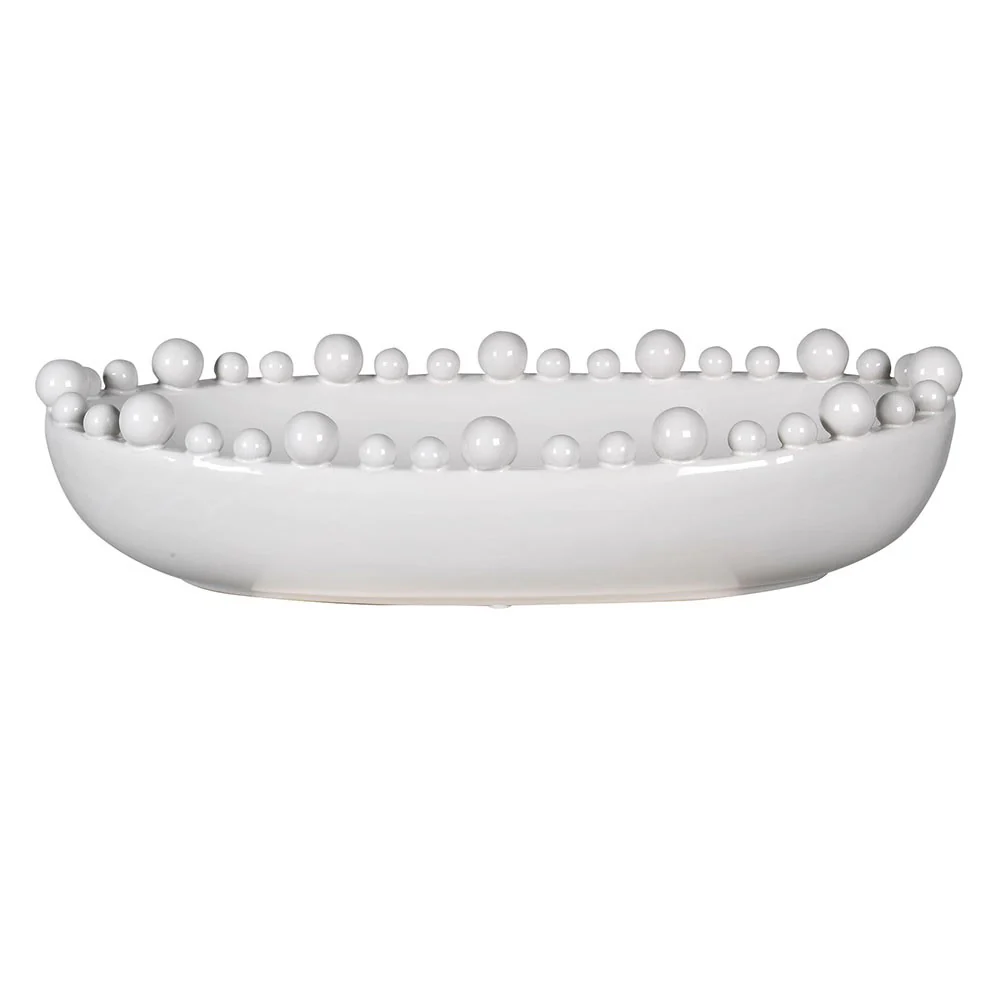 Elegant White Oval Ceramic Bowl with Decorative Rim Balls - Image 2