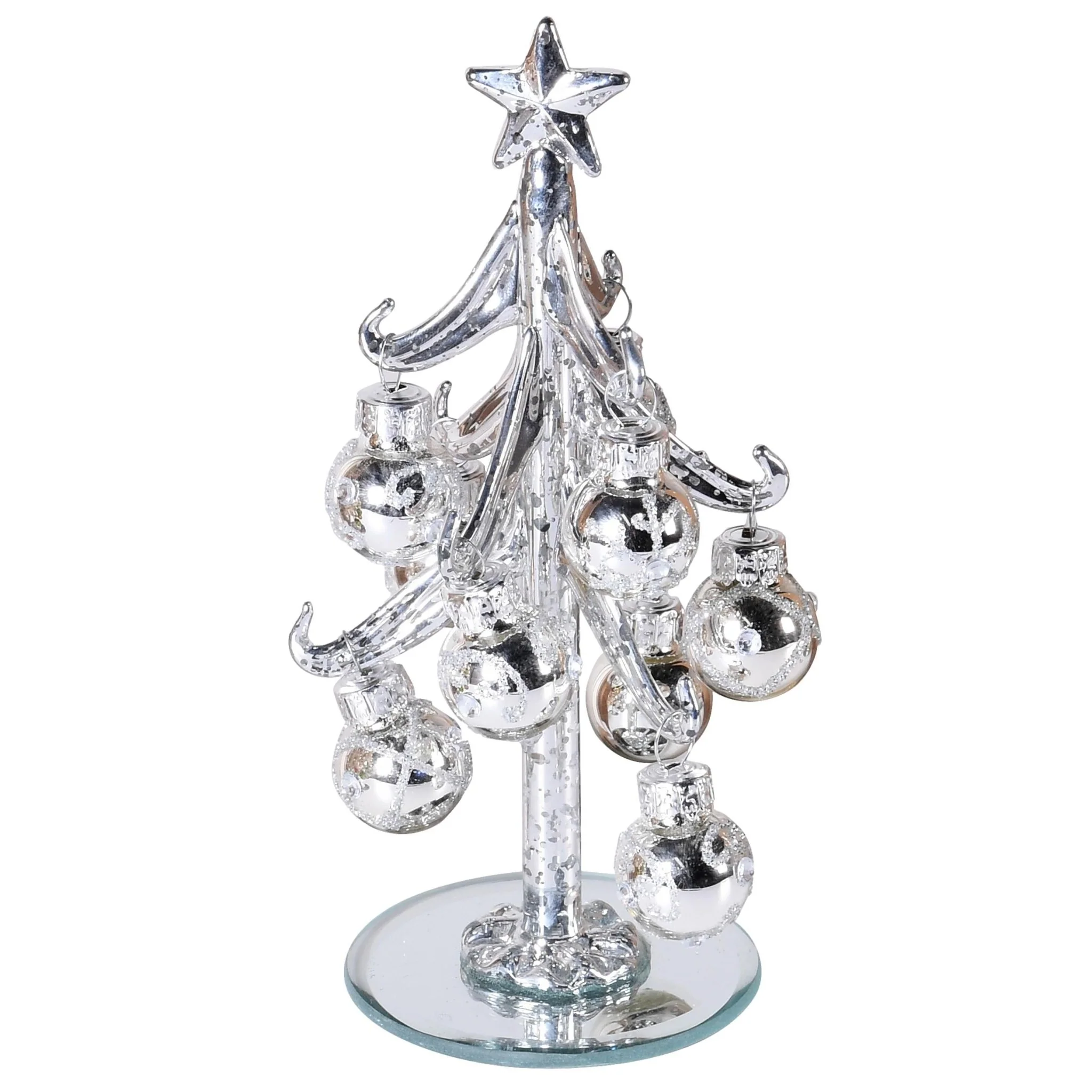 Silver Baubles on Glass Christmas Tree